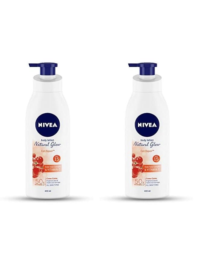 نيفيا لوشن الجسم نيفيا ناتشورال جلو، لإصلاح الخلايا، عامل حماية من الشمس 15 وفيتامين سي 50X، 400 مل (عبوة من قطعتين) - Image 1